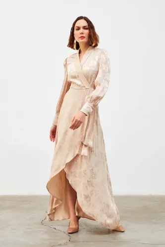 Kruvaze Desenli Uzun Elbise - Bej-BEJ - 6