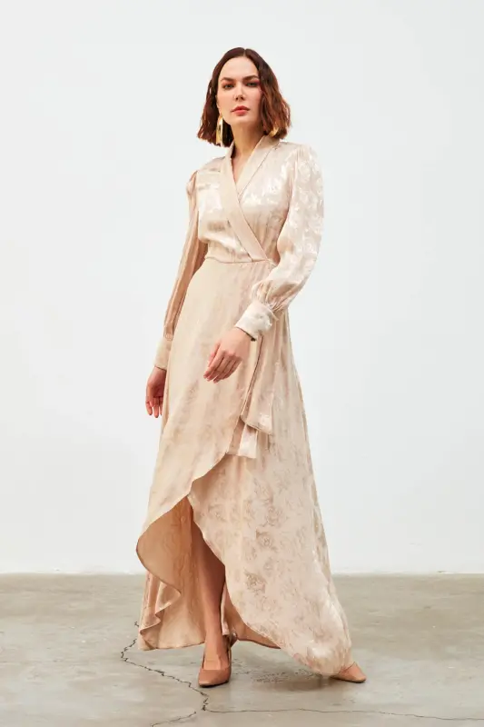 Kruvaze Desenli Uzun Elbise - Bej-BEJ - 6