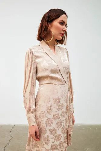 Kruvaze Desenli Uzun Elbise - Bej-BEJ - 7