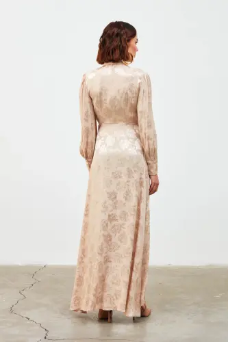 Kruvaze Desenli Uzun Elbise - Bej-BEJ - 8