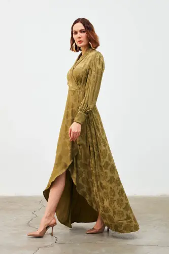 Kruvaze Desenli Uzun Elbise - Haki - HAKİ - 3