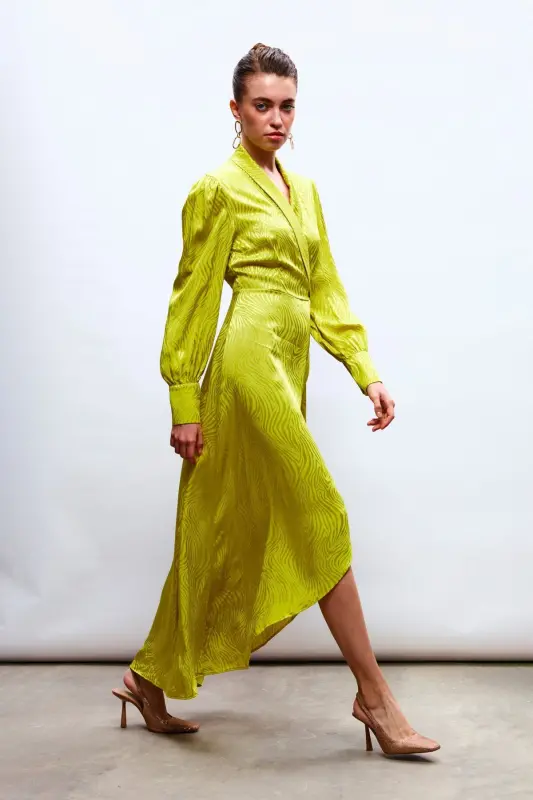 Kruvaze Desenli Uzun Elbise - Yağ Yeşili-YAĞ YEŞİLİ - 4