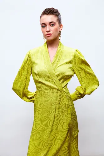 Kruvaze Desenli Uzun Elbise - Yağ Yeşili-YAĞ YEŞİLİ - 5