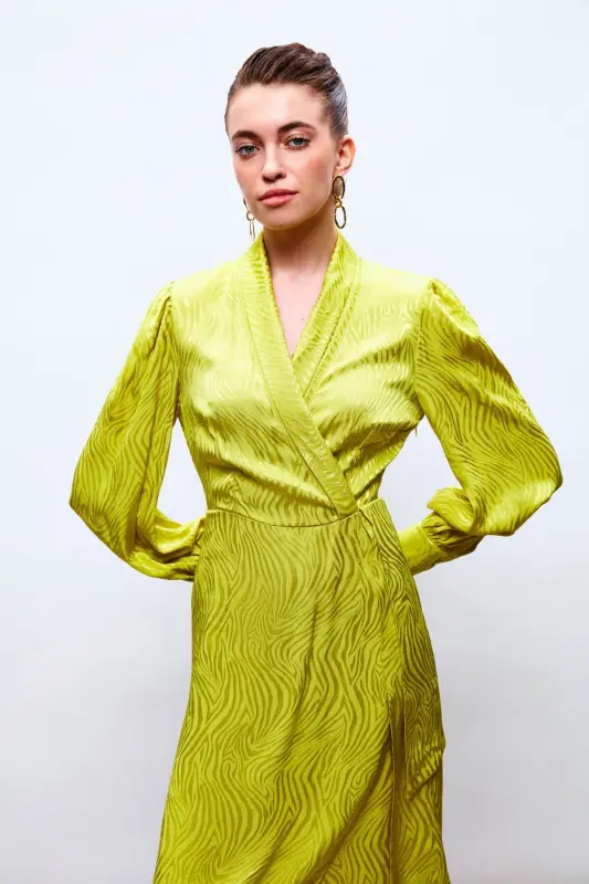 Kruvaze Desenli Uzun Elbise - Yağ Yeşili-YAĞ YEŞİLİ - 5