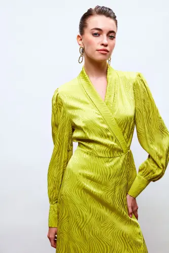 Kruvaze Desenli Uzun Elbise - Yağ Yeşili-YAĞ YEŞİLİ - 6