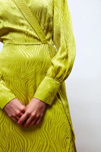 Kruvaze Desenli Uzun Elbise - Yağ Yeşili-YAĞ YEŞİLİ - 7