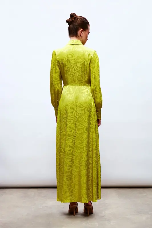 Kruvaze Desenli Uzun Elbise - Yağ Yeşili-YAĞ YEŞİLİ - 8