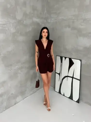 Kruvaze Drapeli Tokalı Mini Elbise Şık Gece Davet Abiye - Kahverengi - 1
