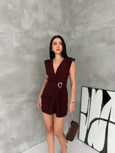 Kruvaze Drapeli Tokalı Mini Elbise Şık Gece Davet Abiye - Kahverengi - 3