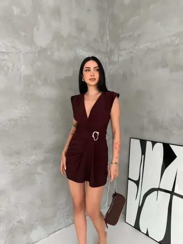 Kruvaze Drapeli Tokalı Mini Elbise Şık Gece Davet Abiye - Kahverengi - 3