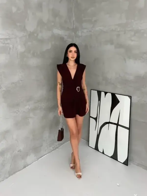 Kruvaze Drapeli Tokalı Mini Elbise Şık Gece Davet Abiye - Kahverengi - BÜYÜKBEDENIZ
