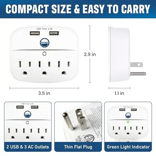 Cruise Approved Power Strip - Non Surge Protector for Cruise Ship with 2 USB Outlets - Cruise Ship Essentials 2025 for Carnival, Princess, Norwegian, Holland America, MSC & Major Cruise Lines (White) - 4