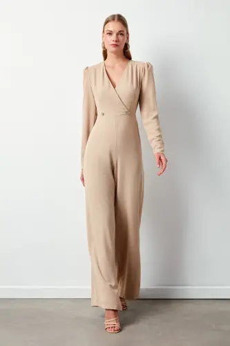 Kruvaze Süs Taşlı Krep Tulum - Bej - BEJ - SATEEN (1)