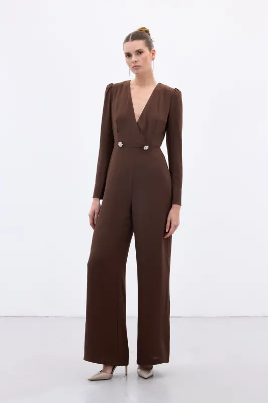 Kruvaze Süs Taşlı Krep Tulum - Kahve-Kahve - 1