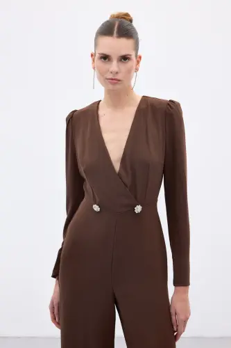 Kruvaze Süs Taşlı Krep Tulum - Kahve-Kahve - 5