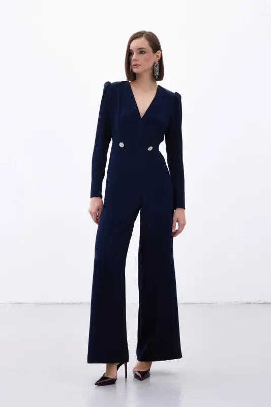 Kruvaze Süs Taşlı Krep Tulum - Lacivert - LACİVERT - SATEEN