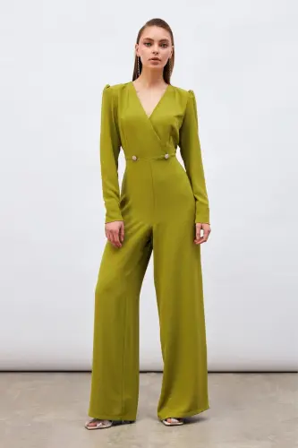 Kruvaze Süs Taşlı Krep Tulum - Yağ Yeşili-YAĞ YEŞİLİ - 4