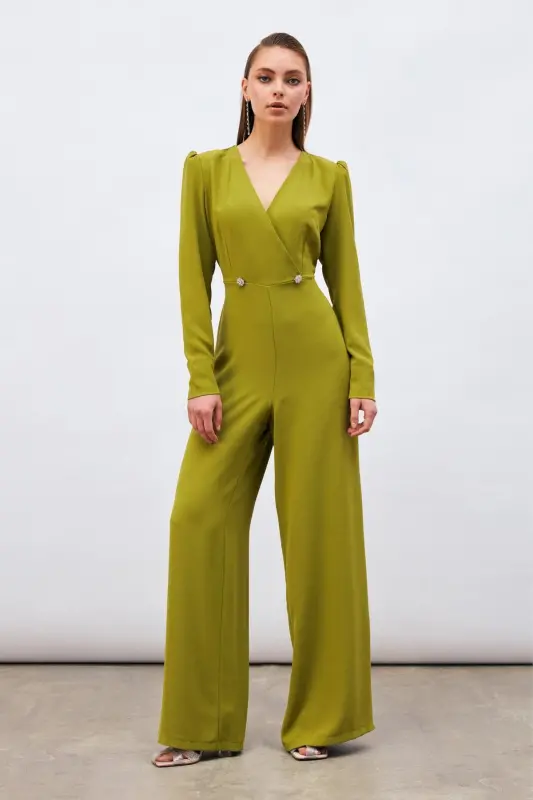 Kruvaze Süs Taşlı Krep Tulum - Yağ Yeşili-YAĞ YEŞİLİ - 4