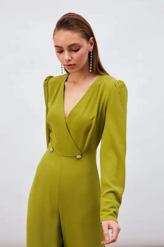 Kruvaze Süs Taşlı Krep Tulum - Yağ Yeşili-YAĞ YEŞİLİ - 5