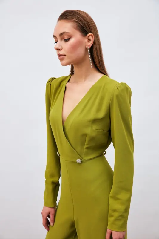 Kruvaze Süs Taşlı Krep Tulum - Yağ Yeşili-YAĞ YEŞİLİ - 6