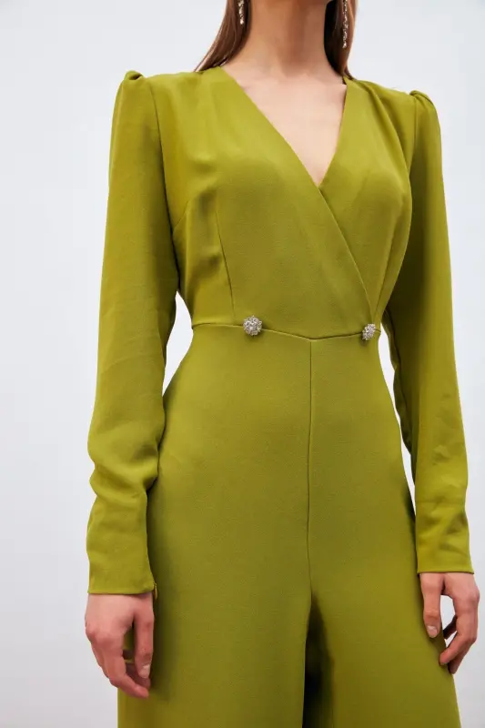 Kruvaze Süs Taşlı Krep Tulum - Yağ Yeşili-YAĞ YEŞİLİ - 7