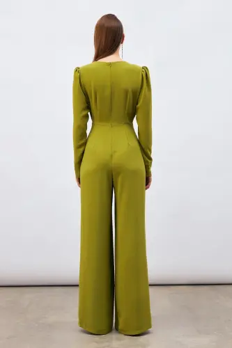 Kruvaze Süs Taşlı Krep Tulum - Yağ Yeşili-YAĞ YEŞİLİ - 8