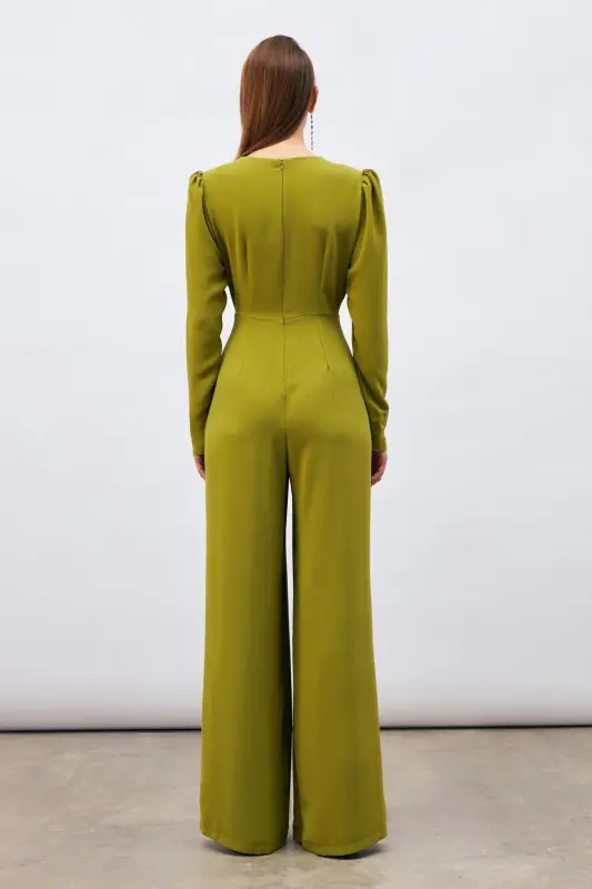 Kruvaze Süs Taşlı Krep Tulum - Yağ Yeşili-YAĞ YEŞİLİ - 8