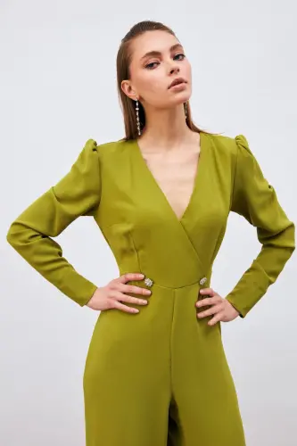 Kruvaze Süs Taşlı Krep Tulum - Yağ Yeşili-YAĞ YEŞİLİ - SATEEN (1)