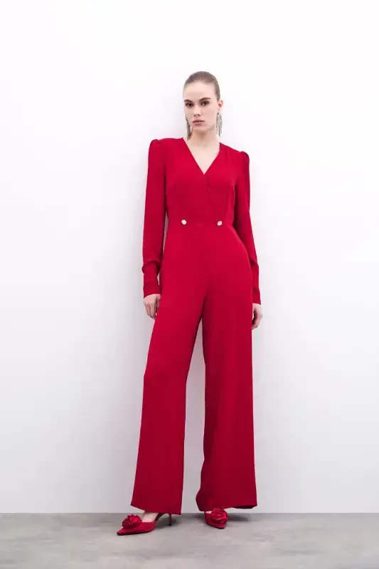 Kruvaze Süs Toshli Krep Tulum - Qizil-QIZIL - 3