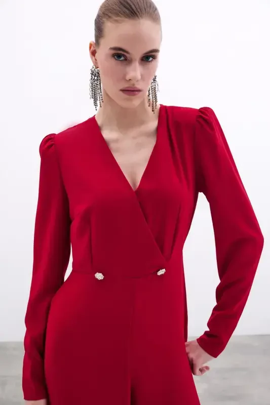 Kruvaze Süs Toshli Krep Tulum - Qizil-QIZIL - 4