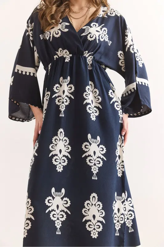 Kruvaze Yaka Beli Lastikli Maksi Yırtmaçlı Viskon Elbise-Fransız Lacivert - 6