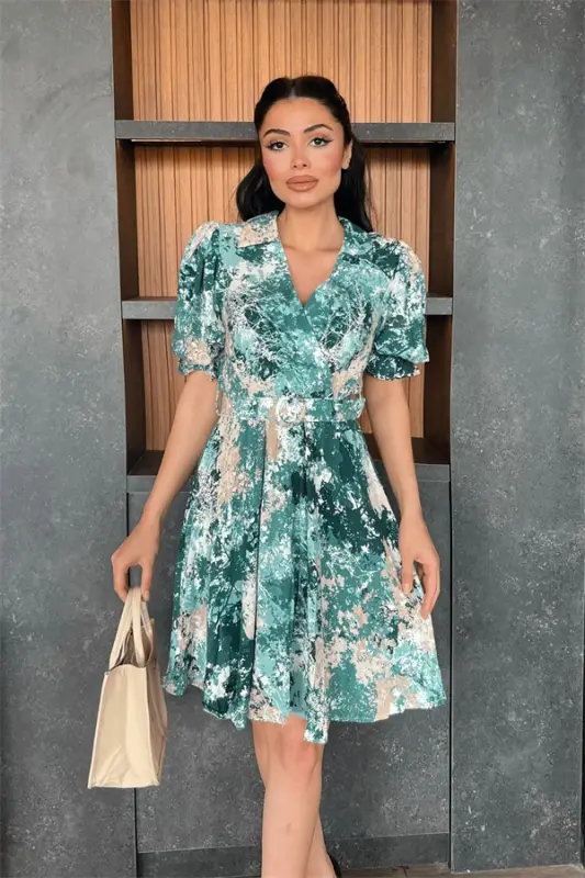 Kruvaze Yaka Beli Lastikli Mini Elbise - YEŞİL - 1