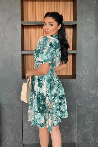 Kruvaze Yaka Beli Lastikli Mini Elbise - YEŞİL - 5