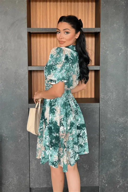 Kruvaze Yaka Beli Lastikli Mini Elbise - YEŞİL - 5