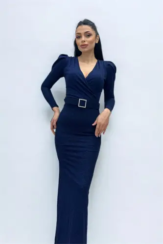 Kruvaze Yaka Kemer Detaylı Elbise - LACİVERT - BÜYÜKBEDENIZ (1)