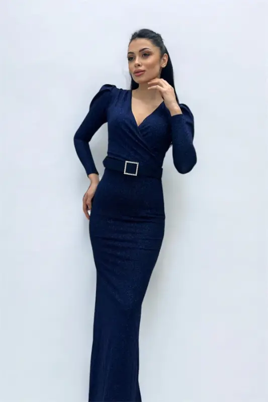Kruvaze Yaka Kemer Detaylı Elbise - LACİVERT - 1