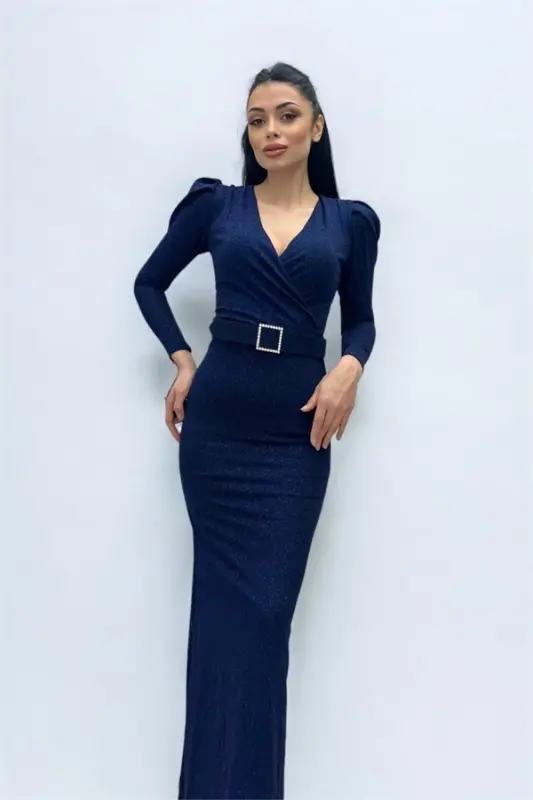 Kruvaze Yaka Kemer Detaylı Elbise - LACİVERT - 2