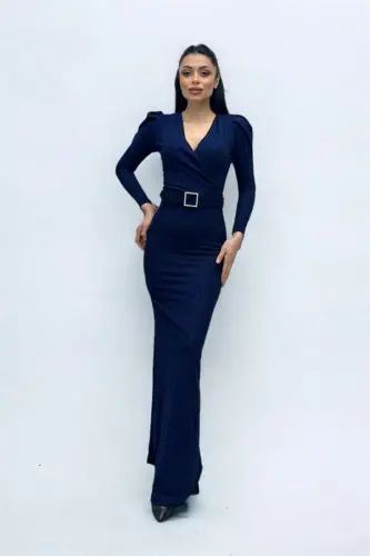Kruvaze Yaka Kemer Detaylı Elbise - LACİVERT - 4