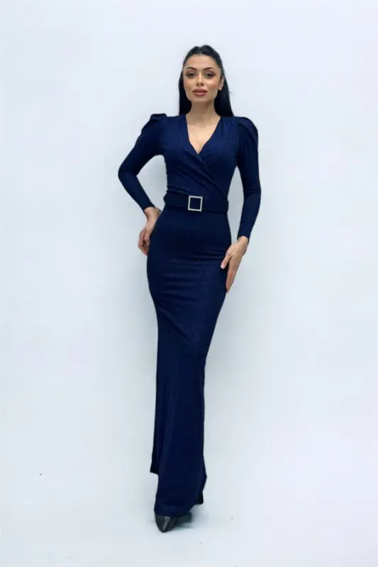 Kruvaze Yaka Kemer Detaylı Elbise - LACİVERT - 4