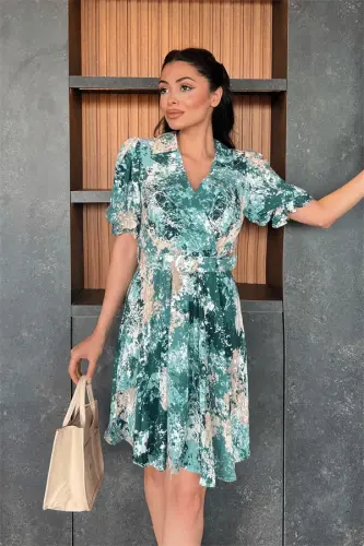 Kruvaze Yoqali Bel Lastikli Mini Ko'ylak - YASHIL - BÜYÜKBEDENIZ (1)