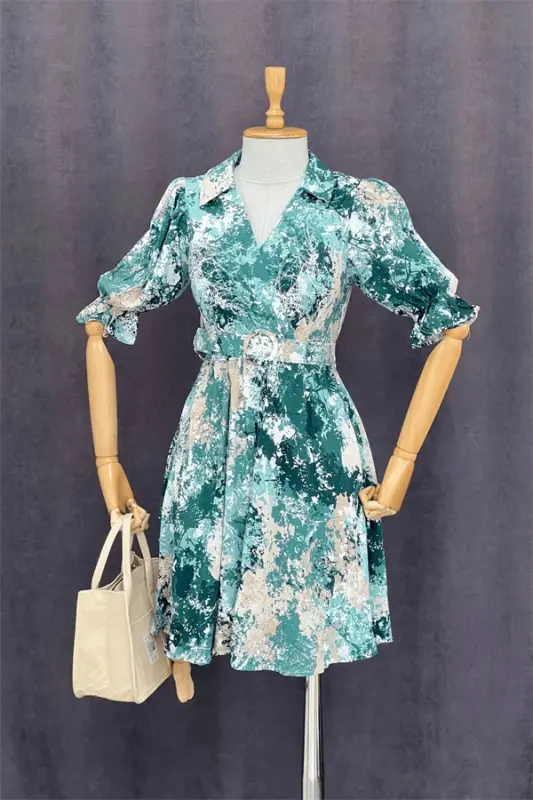 Kruvaze Yoqali Bel Lastikli Mini Ko'ylak - YASHIL - 4