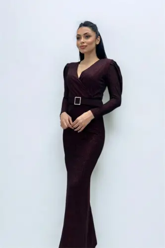 Kruvaze Yoqali Kamar Tafsilotli Ko'ylak - BORDO - 1