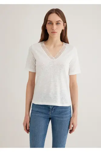 Кружевная Деталь V Вырез Белая Футболка Regular Fit / N - 3