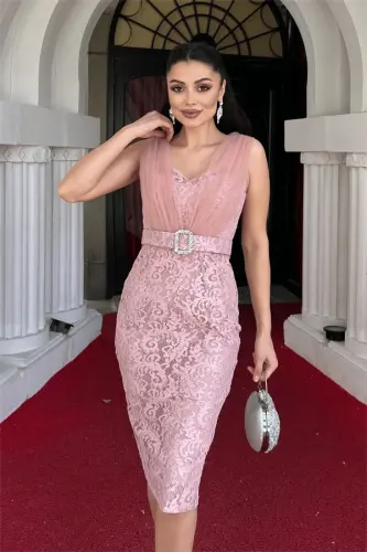 Кружевное платье-карандаш с тюлевой отделкой - ПУДРА - 3