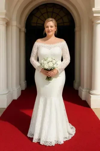 Кружевное верх, двойной текстиль на юбке, платье на вечер с овальным воротом - БЕЛЫЙ - 6