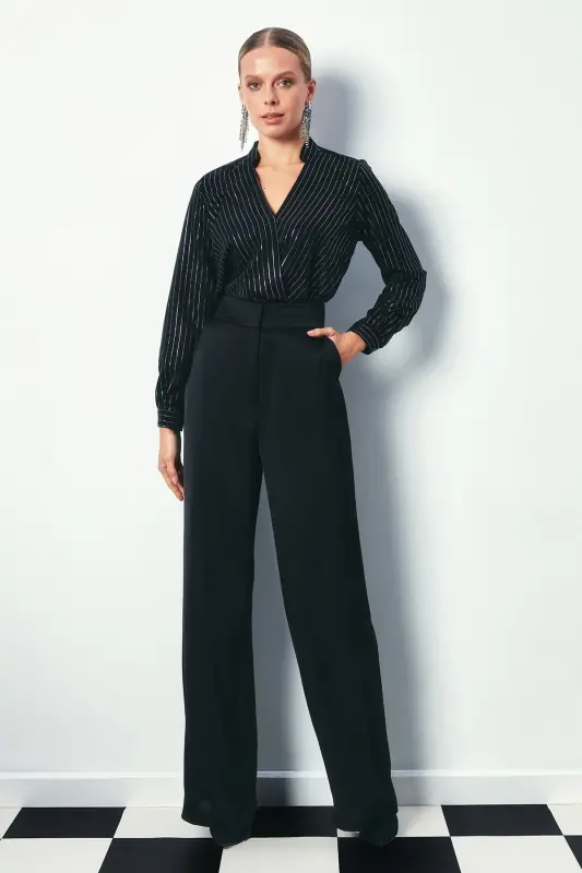 Кружевной Блестящий Полосатый Блузка - ЧЕРНЫЙ-ЧЕРНЫЙ - SATEEN