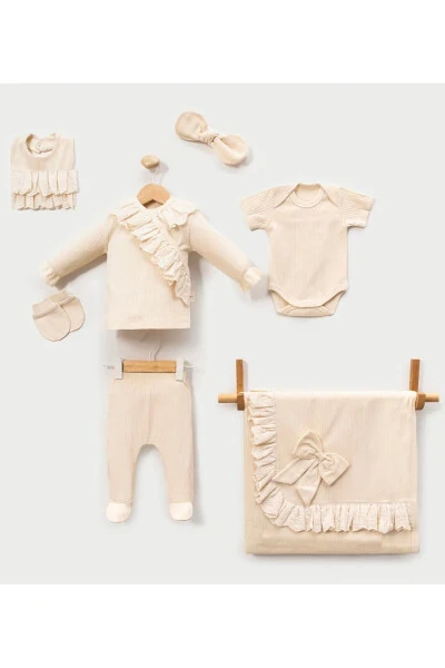 Кружевной комплект для новорожденной девочки, 7 предметов, с одеялом, для выписки из роддома. - Modazone