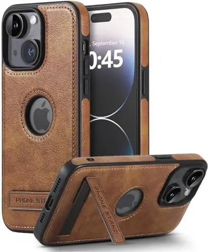 KSELF Leather Case for iPhone 14 Plus Case, Protective Slim with Kickstand Shockproof Phone Cases, Built-in Invisible Stand Compatible with iPhone 14 Plus 6.7'', Brown - 1