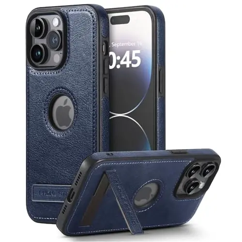 KSELF Leather Case for iPhone 15 Pro Max Case, Thin Flexible Soft Grip Luxury Cover, Protective Slim with Kickstand Shockproof Cases Compatible with iPhone 15 Pro Max 6.7'', Blue 