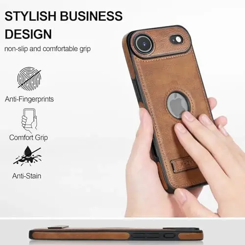 KSELF iPhone 17 Air Deri Kılıf, Destek Çubuklu İnce Koruyucu Darbeye Dayanıklı Telefon Kılıfı, iPhone 17 Air 6.6'' ile Uyumlu Dahili Görünmez Stand (Kahverengi) - 2